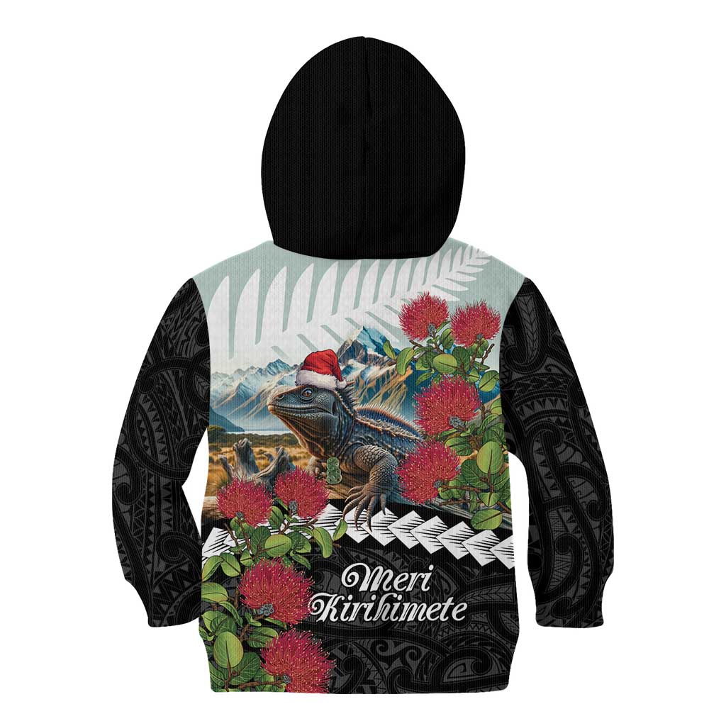 Meri Kirihimete Tuatara Kid Hoodie New Zealand Fern with Puhutukawa Flowers LT9 - Polynesian Pride