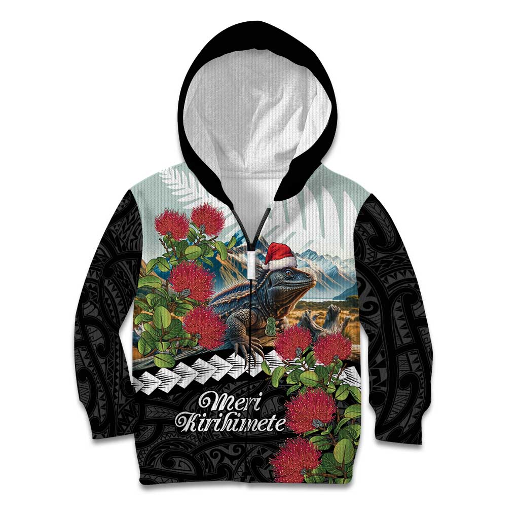 Meri Kirihimete Tuatara Kid Hoodie New Zealand Fern with Puhutukawa Flowers LT9 Zip Hoodie Green - Polynesian Pride