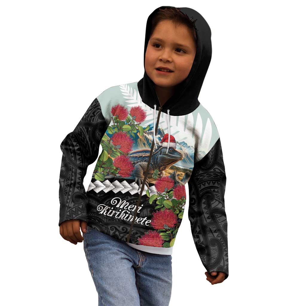 Meri Kirihimete Tuatara Kid Hoodie New Zealand Fern with Puhutukawa Flowers LT9 - Polynesian Pride