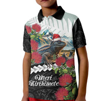 Meri Kirihimete Tuatara Kid Polo Shirt New Zealand Fern with Puhutukawa Flowers LT9 Kid Green - Polynesian Pride