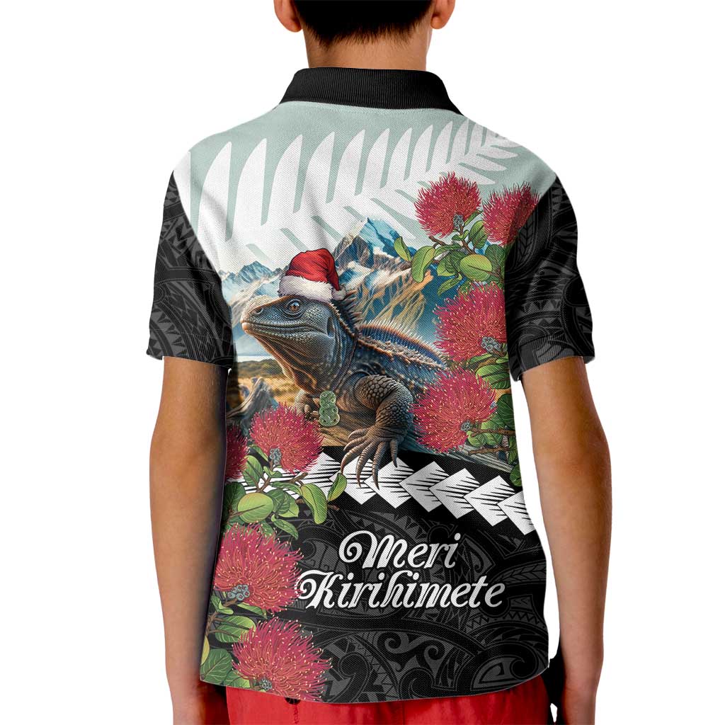 Meri Kirihimete Tuatara Kid Polo Shirt New Zealand Fern with Puhutukawa Flowers LT9 - Polynesian Pride