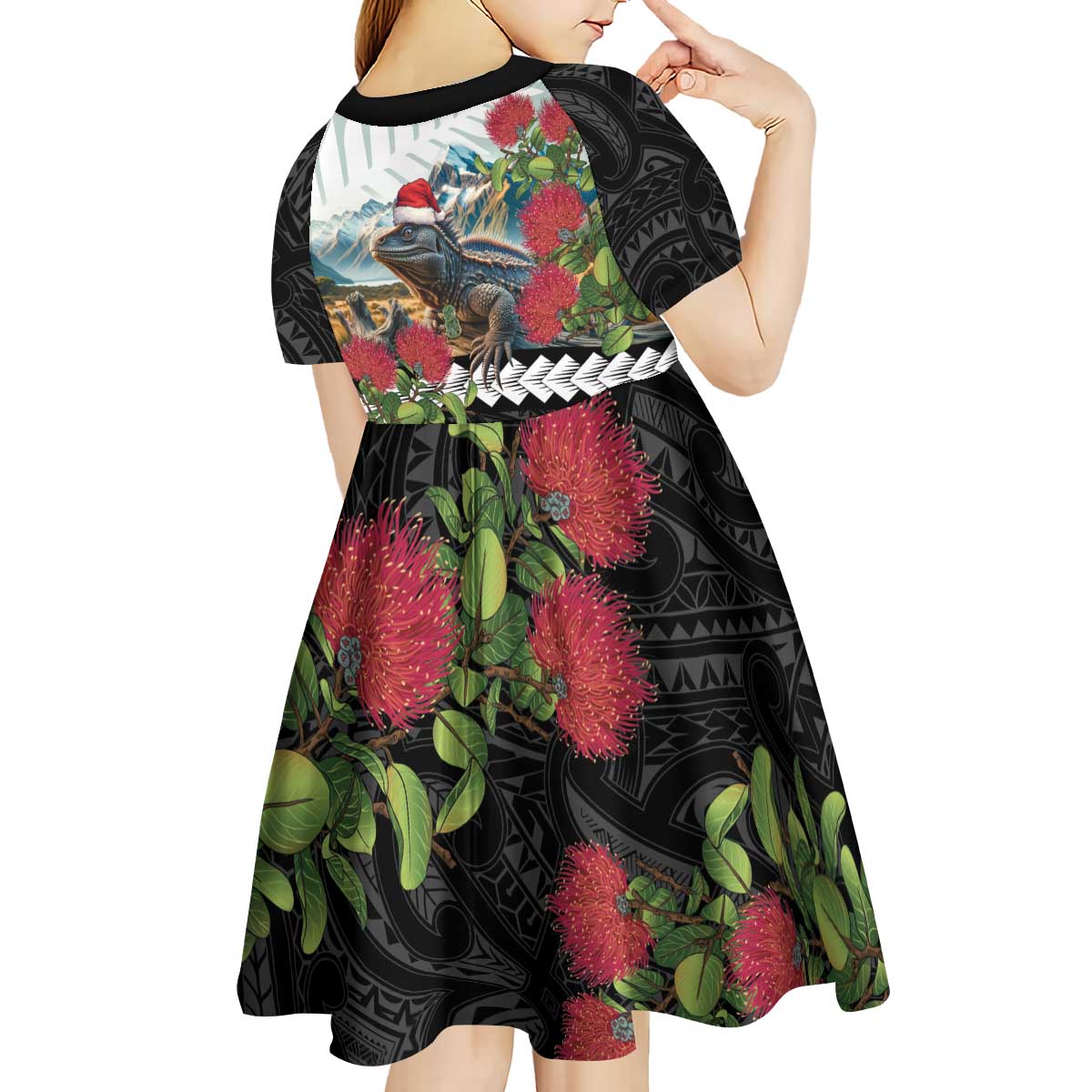 Meri Kirihimete Tuatara Kid Short Sleeve Dress New Zealand Fern with Puhutukawa Flowers LT9 - Polynesian Pride