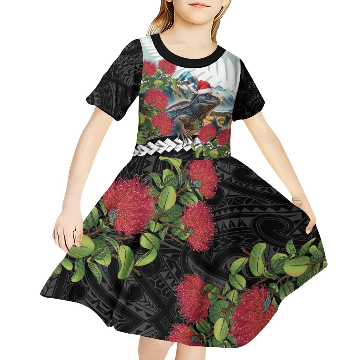 Meri Kirihimete Tuatara Kid Short Sleeve Dress New Zealand Fern with Puhutukawa Flowers LT9 - Polynesian Pride