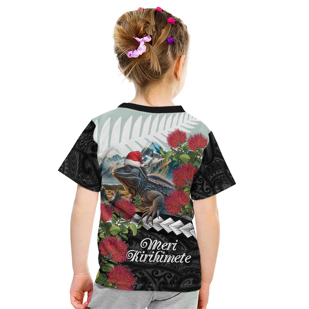 Meri Kirihimete Tuatara Kid T Shirt New Zealand Fern with Puhutukawa Flowers LT9 - Polynesian Pride