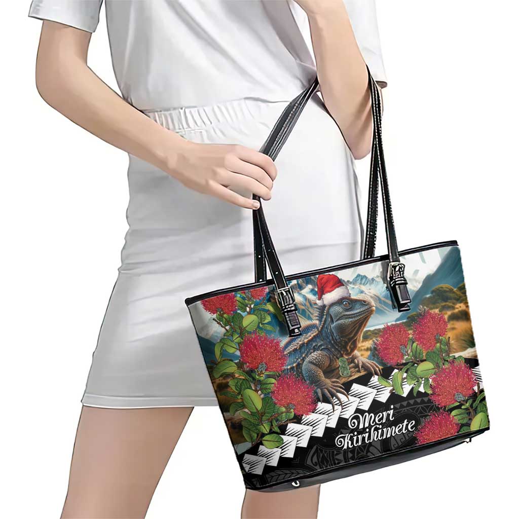 Meri Kirihimete Tuatara Leather Tote Bag New Zealand Fern with Puhutukawa Flowers LT9 - Polynesian Pride