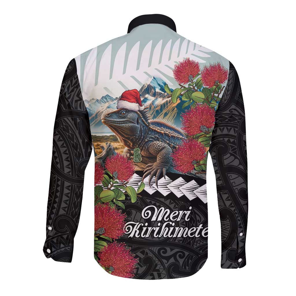 Meri Kirihimete Tuatara Long Sleeve Button Shirt New Zealand Fern with Puhutukawa Flowers LT9 - Polynesian Pride