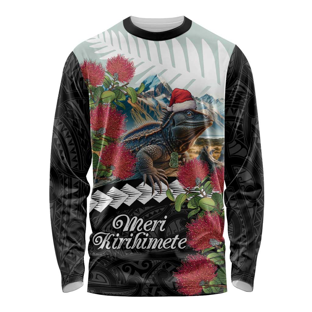 Meri Kirihimete Tuatara Long Sleeve Shirt New Zealand Fern with Puhutukawa Flowers LT9 Unisex Green - Polynesian Pride
