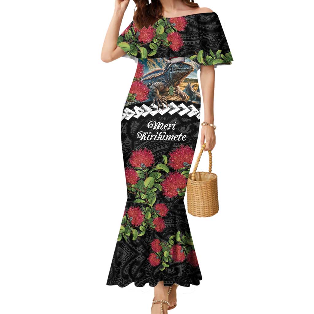 Meri Kirihimete Tuatara Mermaid Dress New Zealand Fern with Puhutukawa Flowers LT9 Women Green - Polynesian Pride