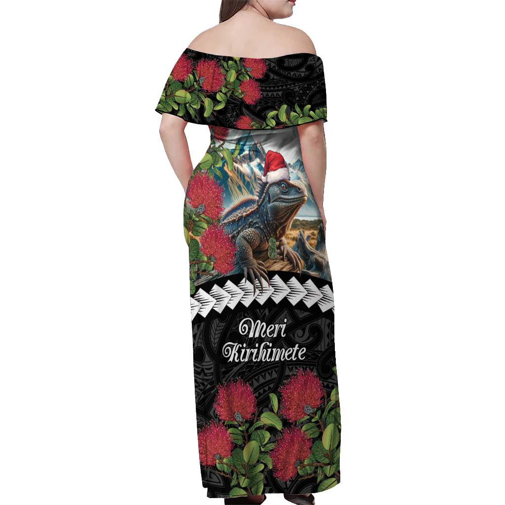 Meri Kirihimete Tuatara Off Shoulder Maxi Dress New Zealand Fern with Puhutukawa Flowers LT9 - Polynesian Pride