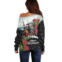 Meri Kirihimete Tuatara Off Shoulder Sweater New Zealand Fern with Puhutukawa Flowers LT9 - Polynesian Pride