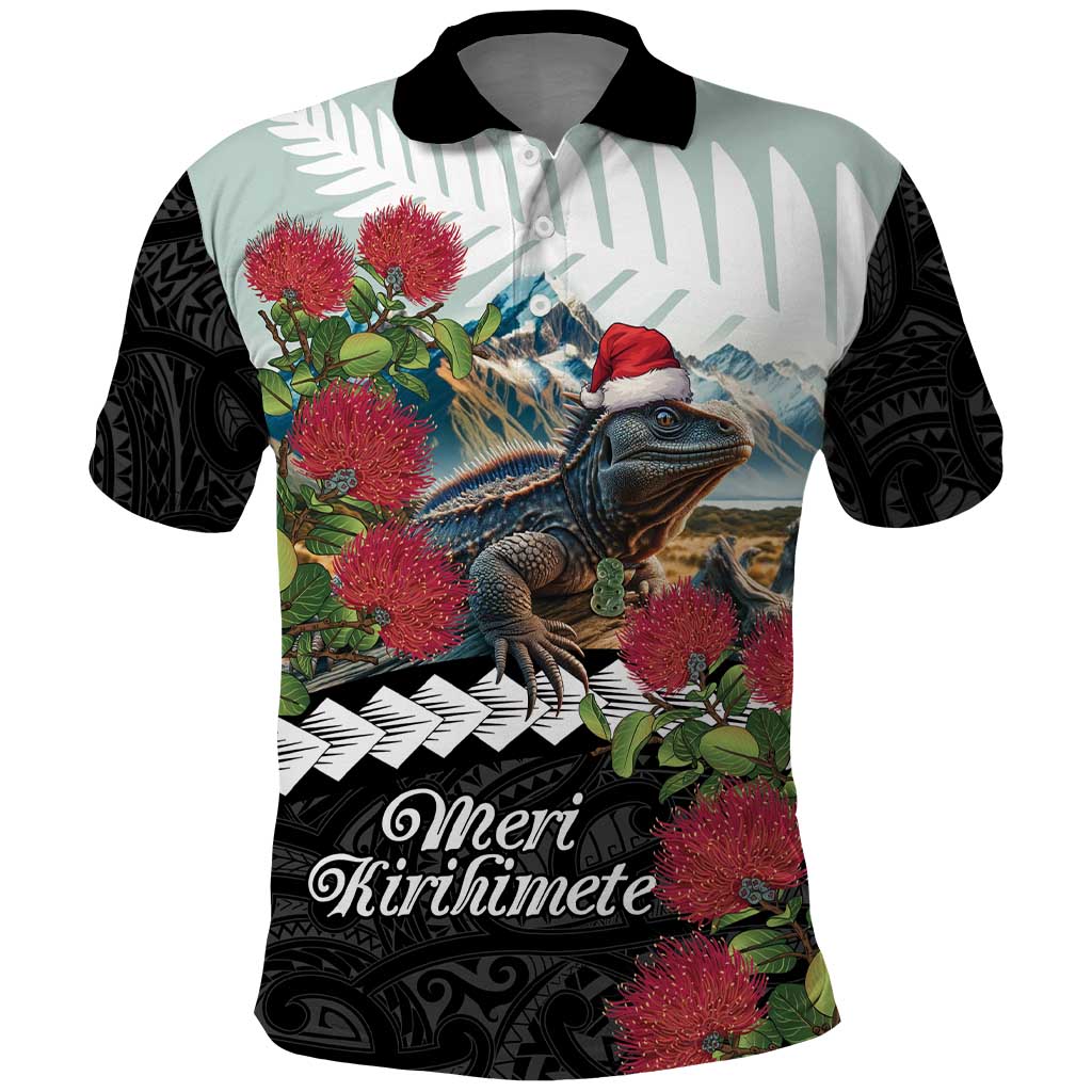 Meri Kirihimete Tuatara Polo Shirt New Zealand Fern with Puhutukawa Flowers LT9 Green - Polynesian Pride