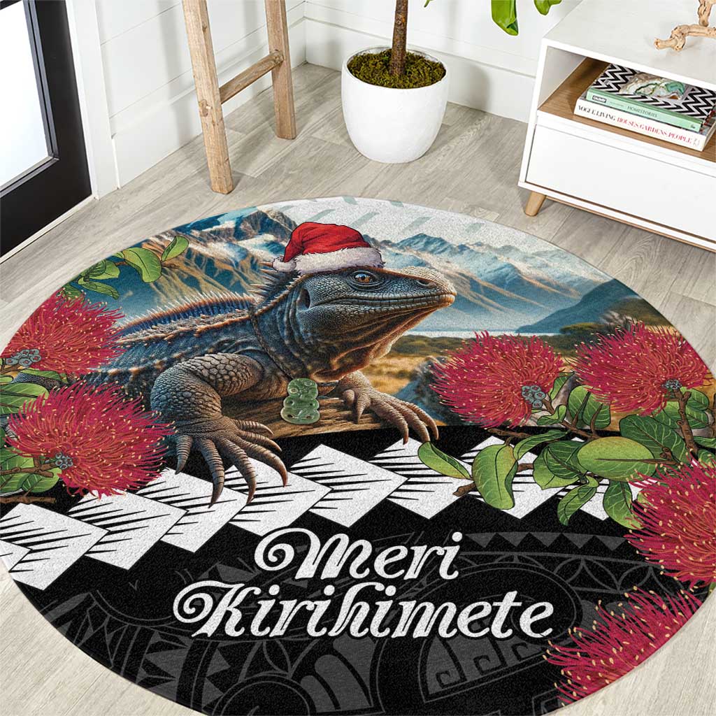 Meri Kirihimete Tuatara Round Carpet New Zealand Fern with Puhutukawa Flowers LT9 Green - Polynesian Pride