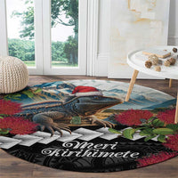 Meri Kirihimete Tuatara Round Carpet New Zealand Fern with Puhutukawa Flowers LT9 - Polynesian Pride