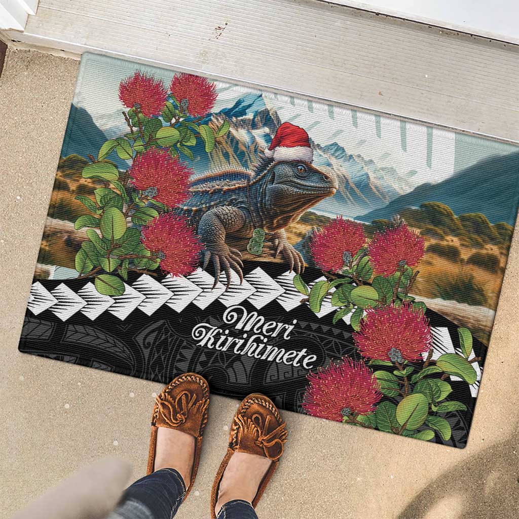 Meri Kirihimete Tuatara Rubber Doormat New Zealand Fern with Puhutukawa Flowers LT9 - Polynesian Pride