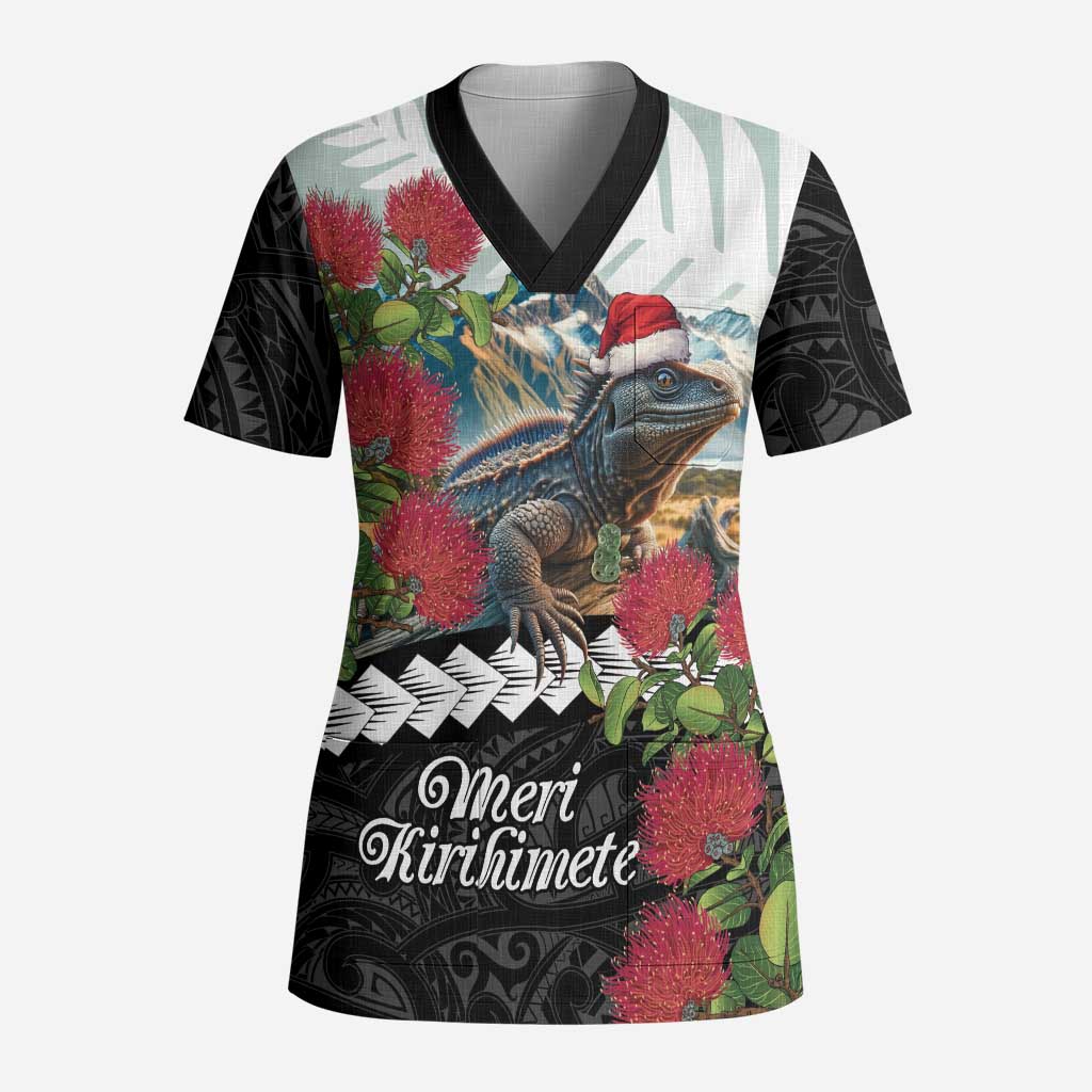 Meri Kirihimete Tuatara Scrub Top New Zealand Fern with Puhutukawa Flowers LT9 Adult Green - Polynesian Pride
