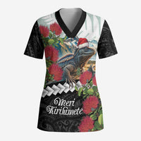 Meri Kirihimete Tuatara Scrub Top New Zealand Fern with Puhutukawa Flowers LT9 Adult Green - Polynesian Pride