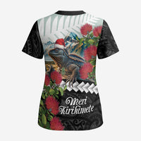 Meri Kirihimete Tuatara Scrub Top New Zealand Fern with Puhutukawa Flowers LT9 - Polynesian Pride