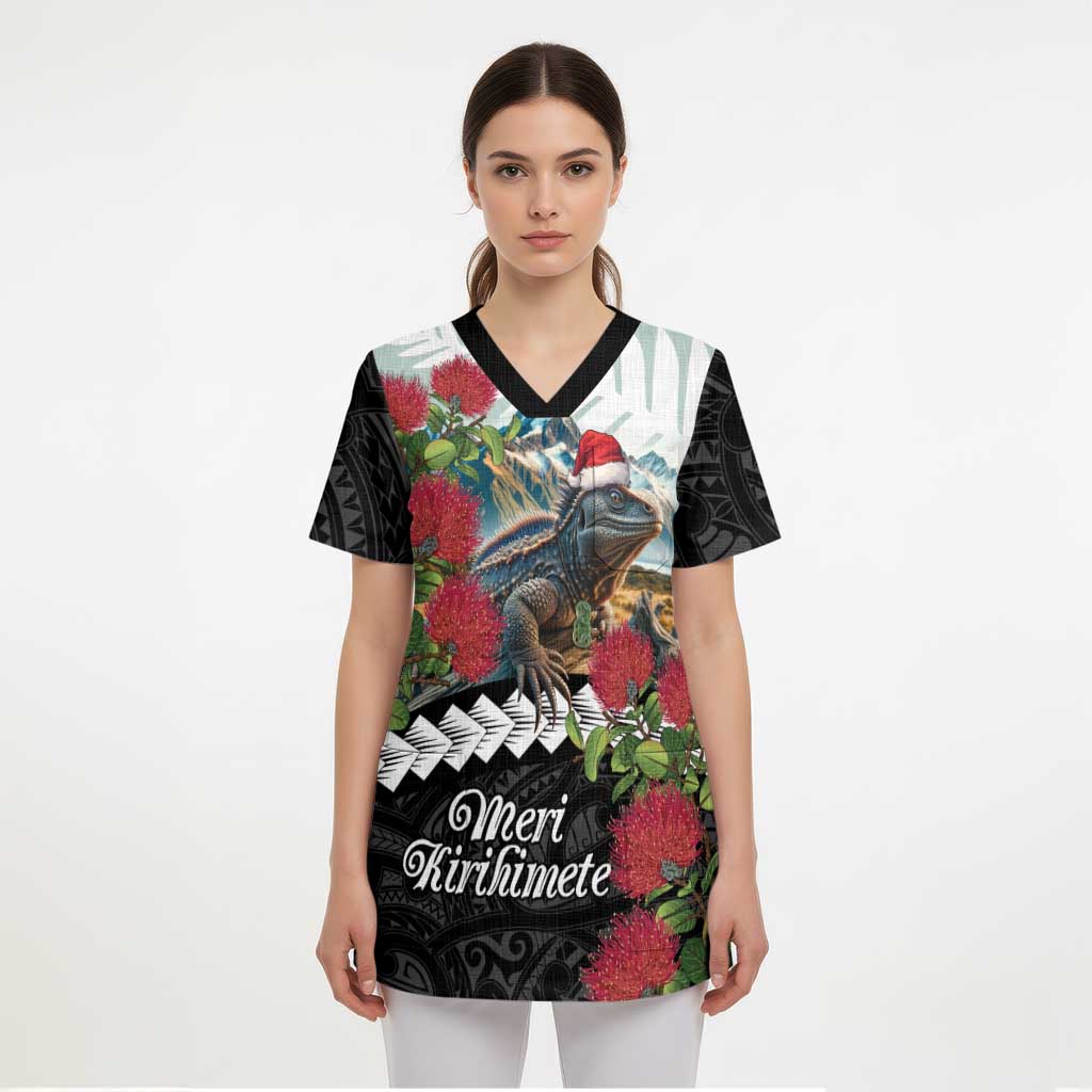 Meri Kirihimete Tuatara Scrub Top New Zealand Fern with Puhutukawa Flowers LT9 - Polynesian Pride