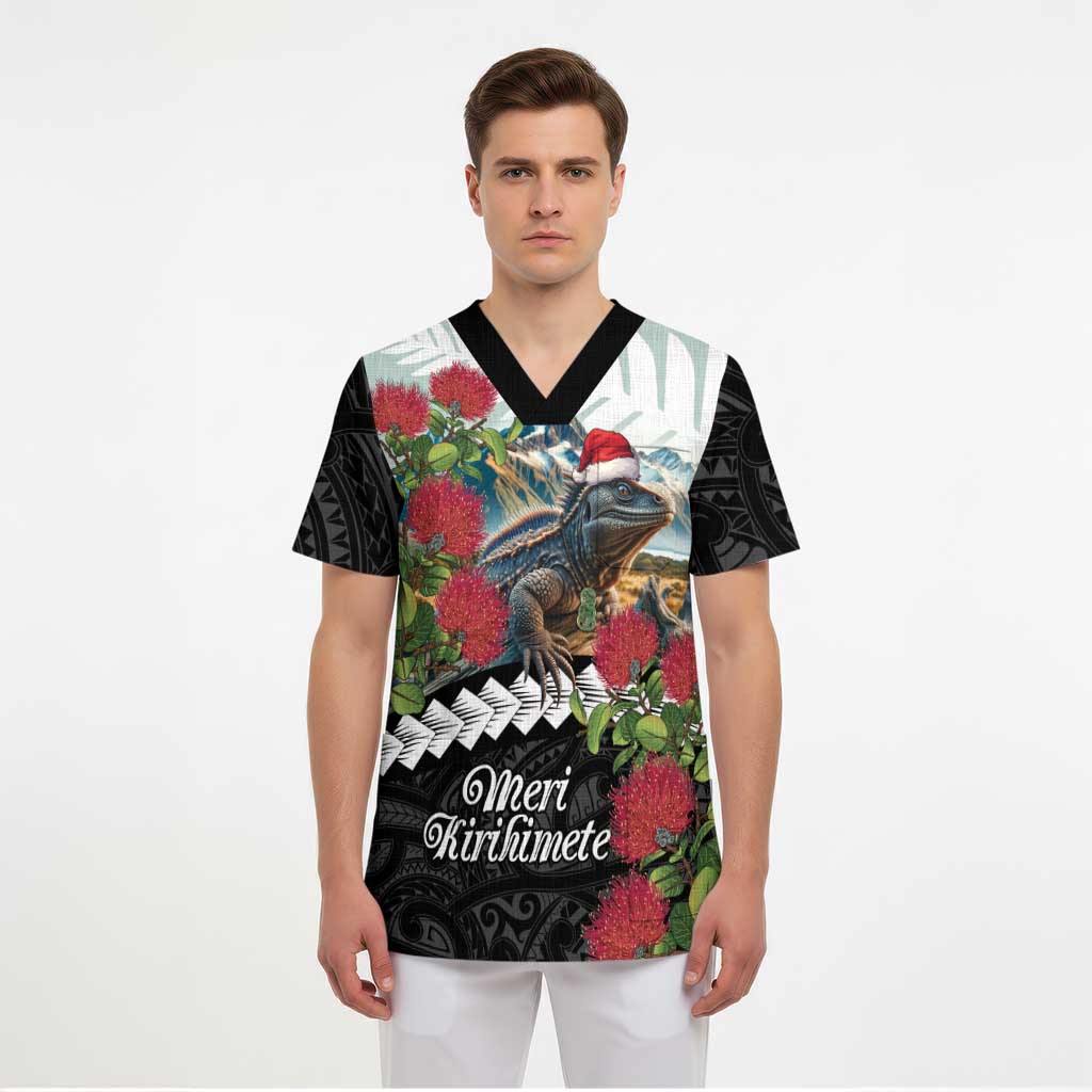 Meri Kirihimete Tuatara Scrub Top New Zealand Fern with Puhutukawa Flowers LT9 - Polynesian Pride