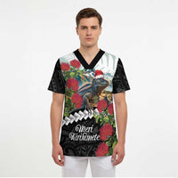 Meri Kirihimete Tuatara Scrub Top New Zealand Fern with Puhutukawa Flowers LT9 - Polynesian Pride