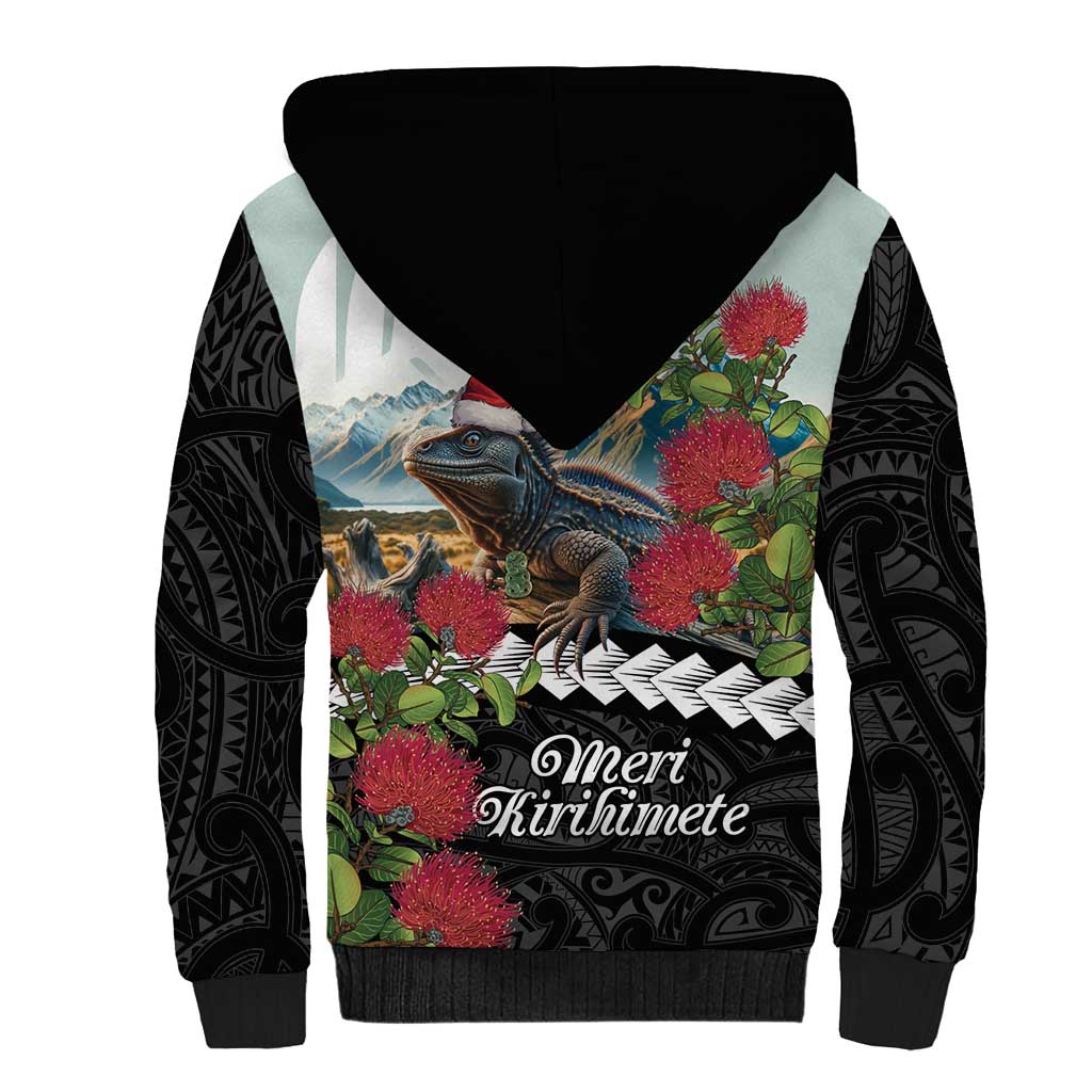 Meri Kirihimete Tuatara Sherpa Hoodie New Zealand Fern with Puhutukawa Flowers LT9 - Polynesian Pride
