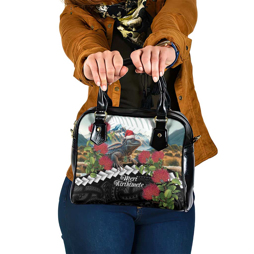 Meri Kirihimete Tuatara Shoulder Handbag New Zealand Fern with Puhutukawa Flowers LT9 One Size Green - Polynesian Pride