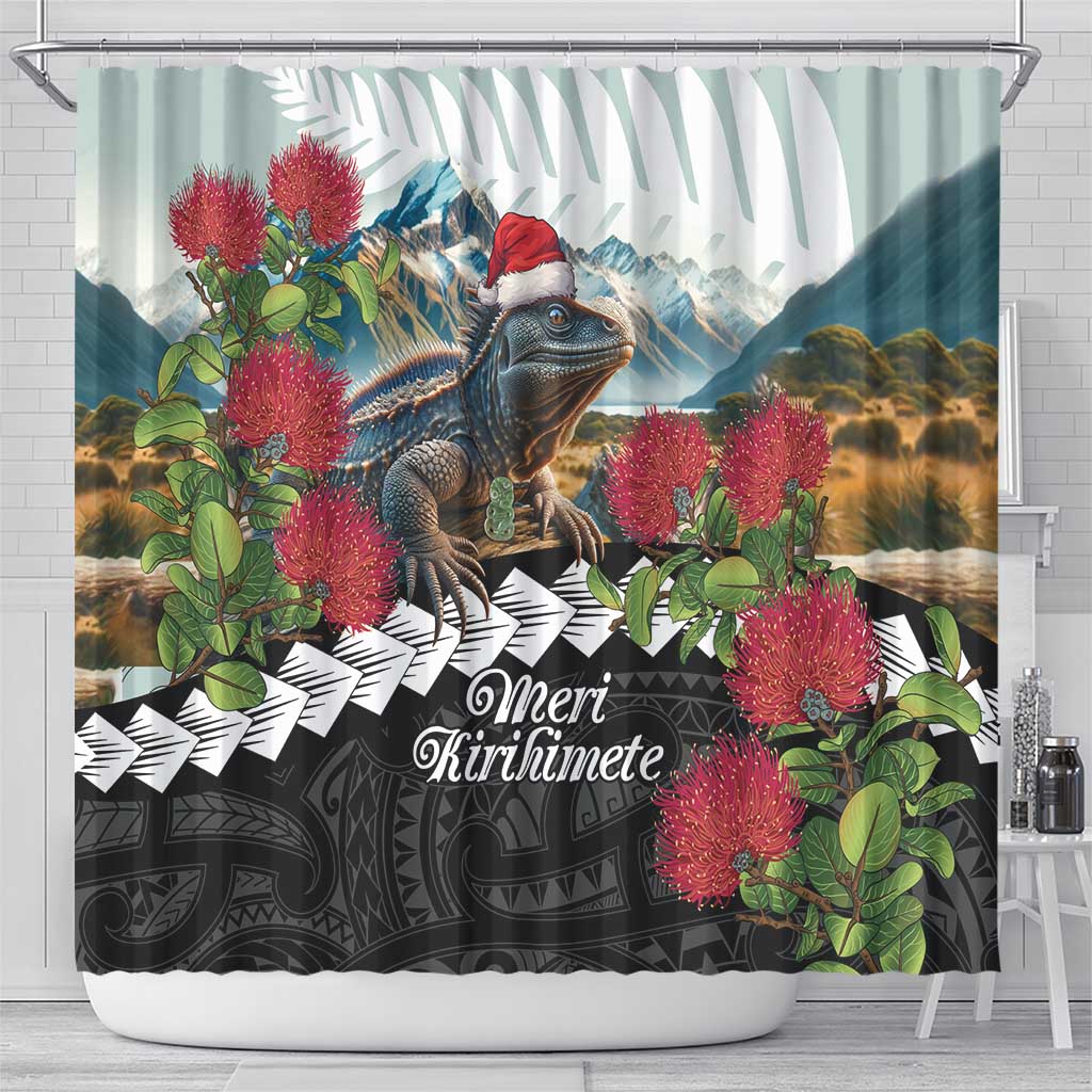 Meri Kirihimete Tuatara Shower Curtain New Zealand Fern with Puhutukawa Flowers LT9 - Polynesian Pride