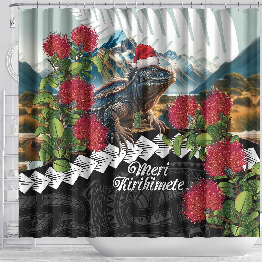 Meri Kirihimete Tuatara Shower Curtain New Zealand Fern with Puhutukawa Flowers LT9 - Polynesian Pride