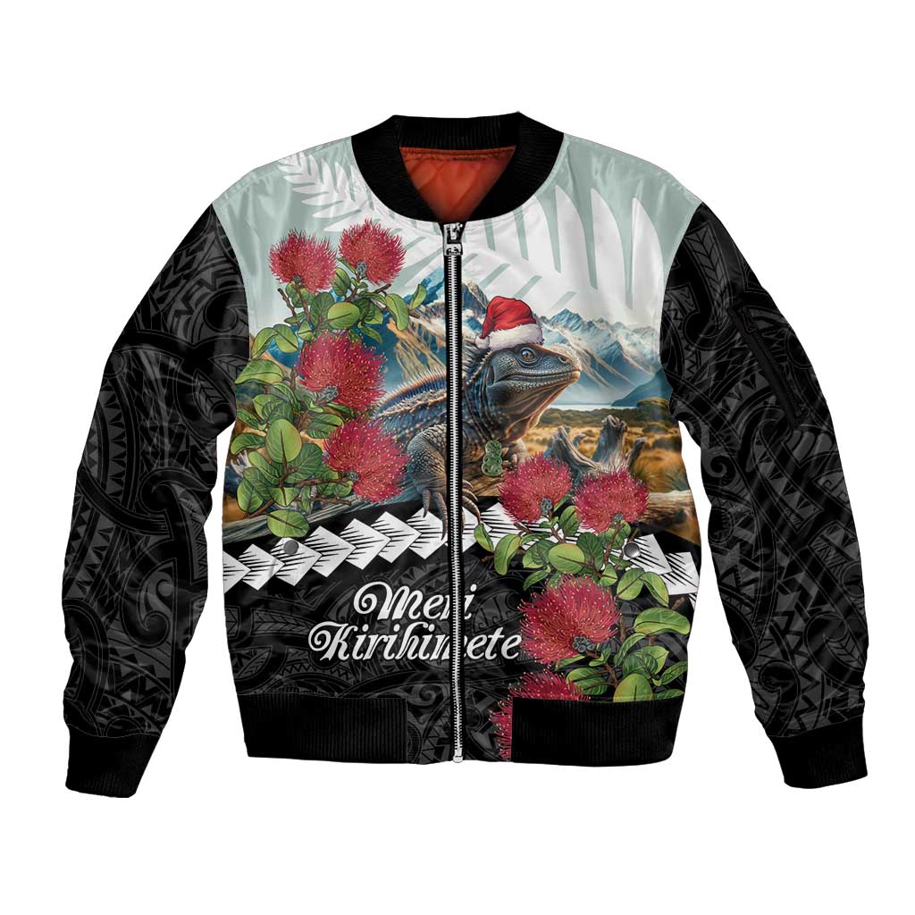 Meri Kirihimete Tuatara Sleeve Zip Bomber Jacket New Zealand Fern with Puhutukawa Flowers LT9 Unisex Green - Polynesian Pride