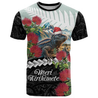 Meri Kirihimete Tuatara T Shirt New Zealand Fern with Puhutukawa Flowers LT9 Green - Polynesian Pride