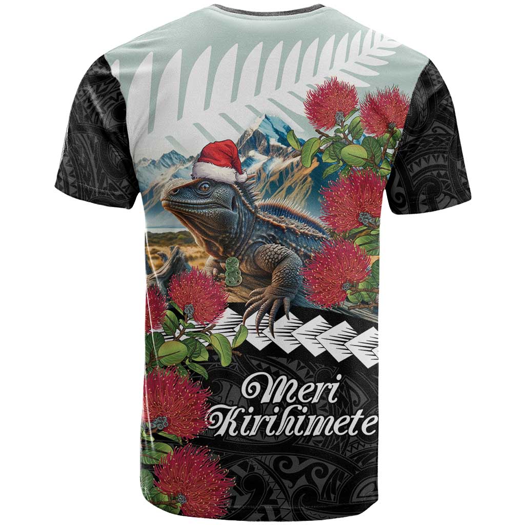 Meri Kirihimete Tuatara T Shirt New Zealand Fern with Puhutukawa Flowers LT9 - Polynesian Pride