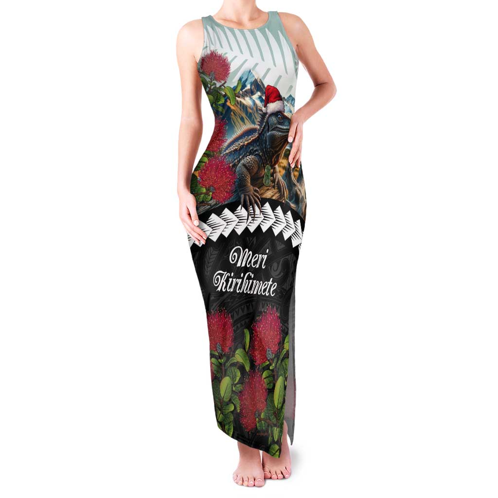 Meri Kirihimete Tuatara Tank Maxi Dress New Zealand Fern with Puhutukawa Flowers LT9 Women Green - Polynesian Pride