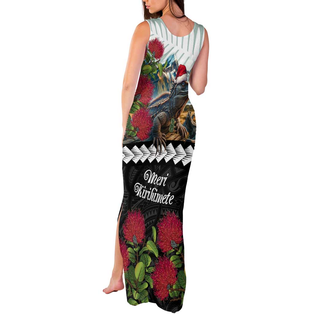 Meri Kirihimete Tuatara Tank Maxi Dress New Zealand Fern with Puhutukawa Flowers LT9 - Polynesian Pride