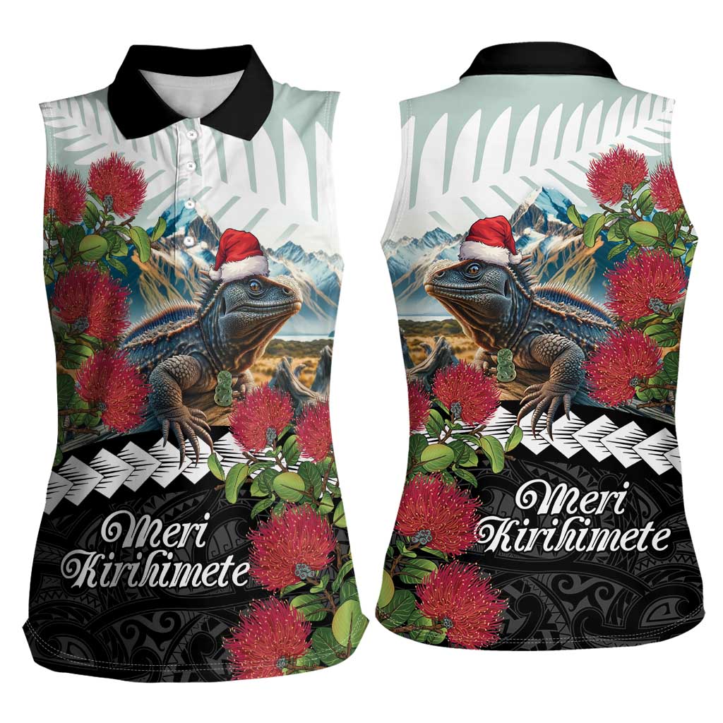 Meri Kirihimete Tuatara Women Sleeveless Polo Shirt New Zealand Fern with Puhutukawa Flowers LT9 - Polynesian Pride