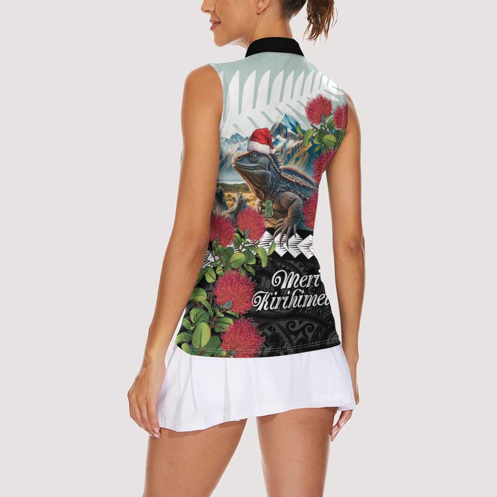 Meri Kirihimete Tuatara Women Sleeveless Polo Shirt New Zealand Fern with Puhutukawa Flowers LT9 - Polynesian Pride