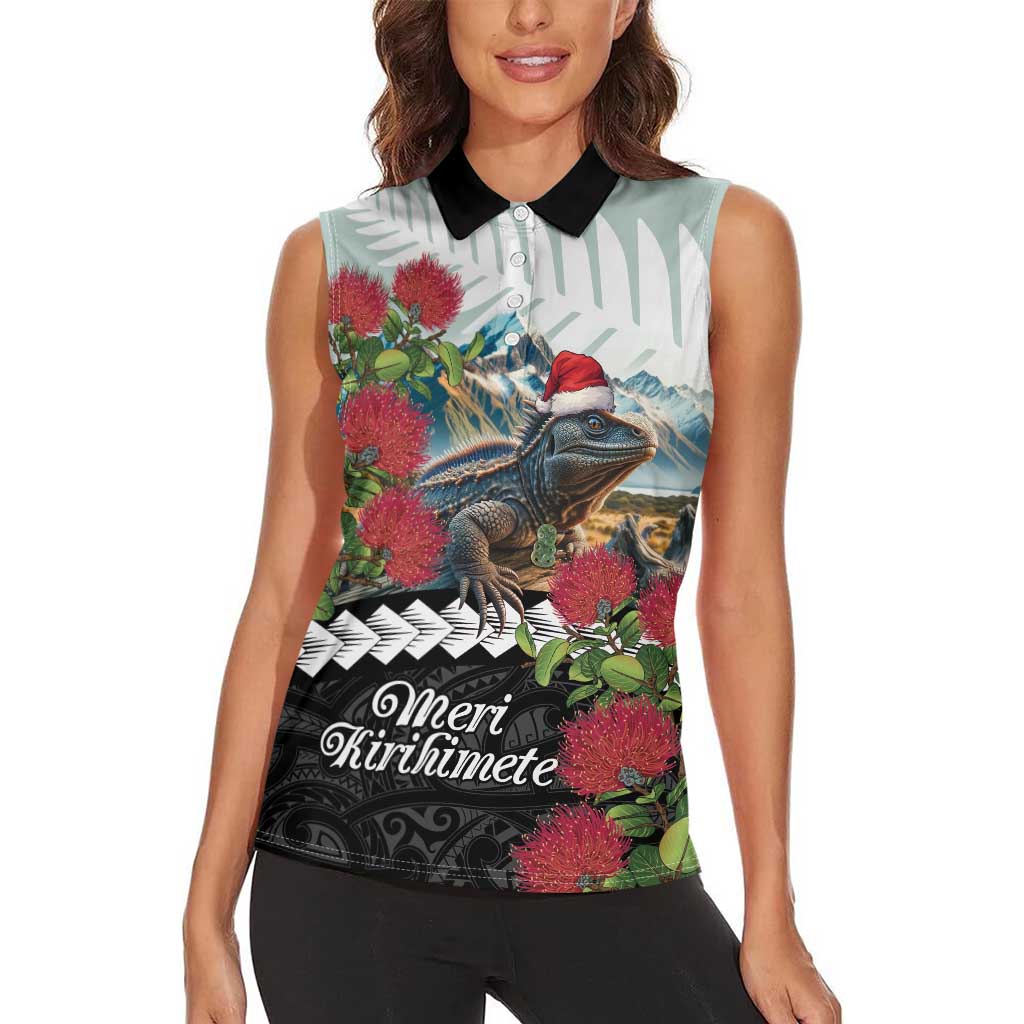 Meri Kirihimete Tuatara Women Sleeveless Polo Shirt New Zealand Fern with Puhutukawa Flowers LT9 - Polynesian Pride