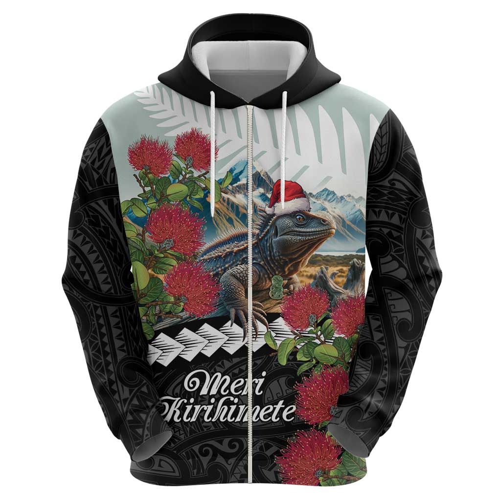 Meri Kirihimete Tuatara Zip Hoodie New Zealand Fern with Puhutukawa Flowers LT9 - Polynesian Pride