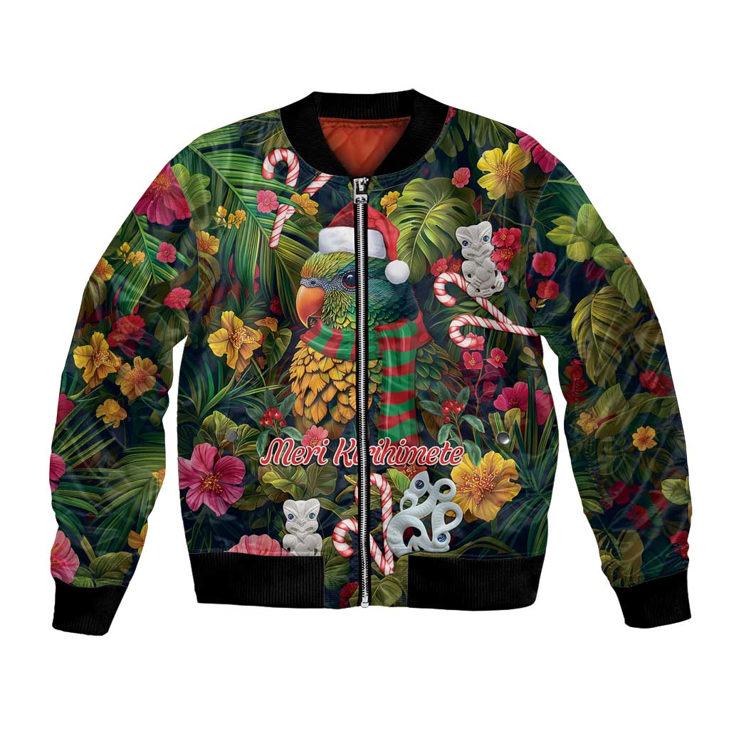 Meri Kirihimete Kakapo Santa Bomber Jacket Merry Christmas with Tropical Vibe LT9 Unisex Green - Polynesian Pride