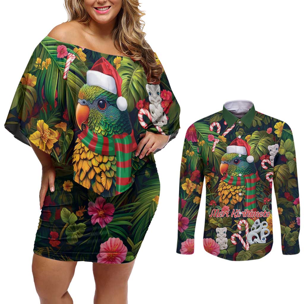 Meri Kirihimete Kakapo Santa Couples Matching Off Shoulder Short Dress and Long Sleeve Button Shirt Merry Christmas with Tropical Vibe LT9 Green - Polynesian Pride