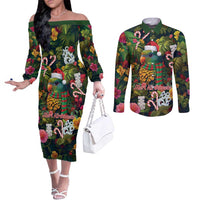 Meri Kirihimete Kakapo Santa Couples Matching Off The Shoulder Long Sleeve Dress and Long Sleeve Button Shirt Merry Christmas with Tropical Vibe LT9 Green - Polynesian Pride
