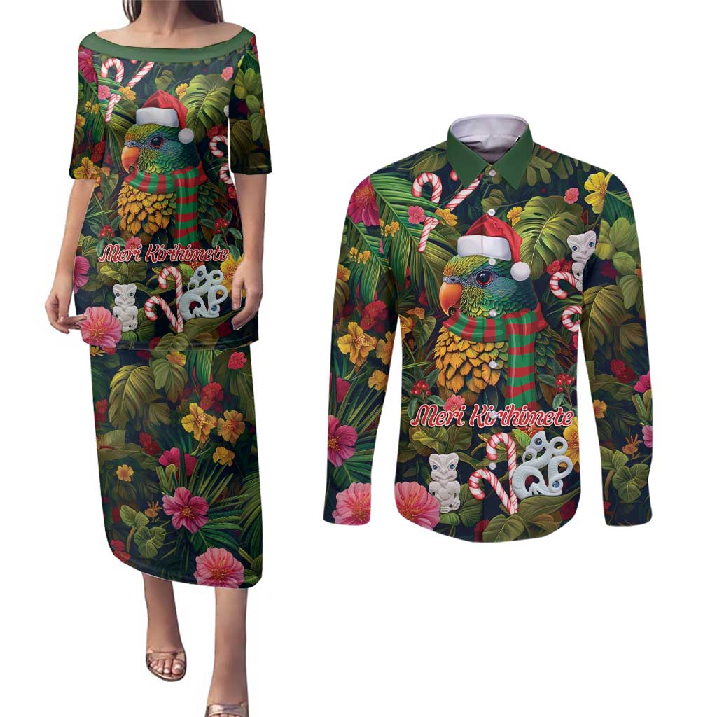 Meri Kirihimete Kakapo Santa Couples Matching Puletasi and Long Sleeve Button Shirt Merry Christmas with Tropical Vibe LT9 Green - Polynesian Pride