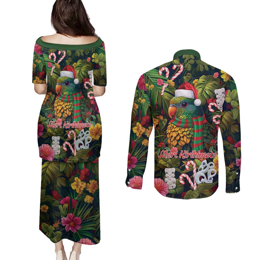 Meri Kirihimete Kakapo Santa Couples Matching Puletasi and Long Sleeve Button Shirt Merry Christmas with Tropical Vibe LT9 - Polynesian Pride