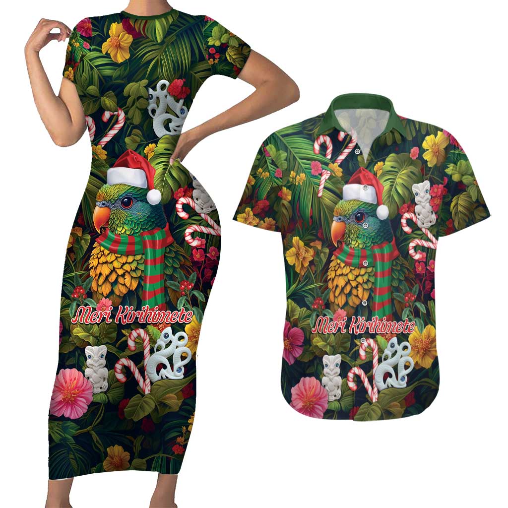 Meri Kirihimete Kakapo Santa Couples Matching Short Sleeve Bodycon Dress and Hawaiian Shirt Merry Christmas with Tropical Vibe LT9 Green - Polynesian Pride