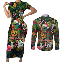 Meri Kirihimete Kakapo Santa Couples Matching Short Sleeve Bodycon Dress and Long Sleeve Button Shirt Merry Christmas with Tropical Vibe LT9 Green - Polynesian Pride