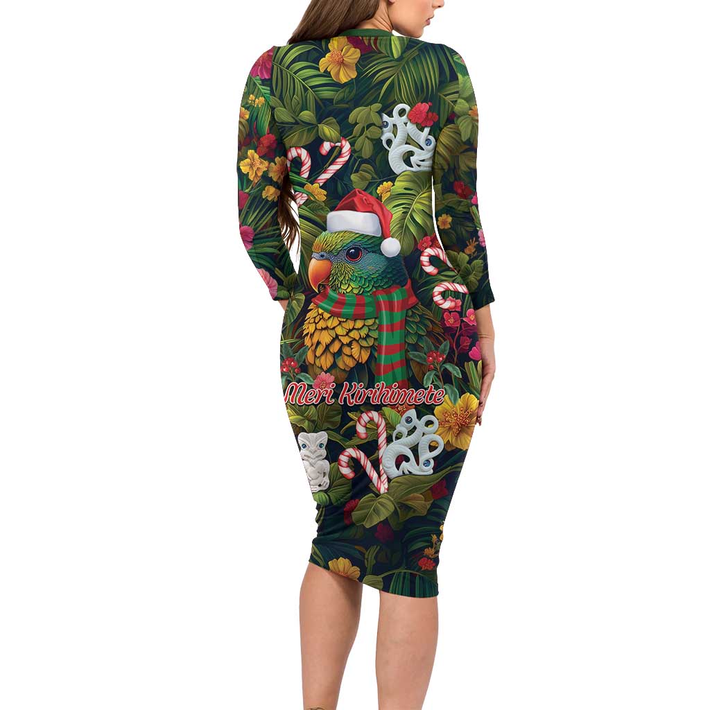 Meri Kirihimete Kakapo Santa Family Matching Long Sleeve Bodycon Dress and Hawaiian Shirt Merry Christmas with Tropical Vibe LT9 - Polynesian Pride