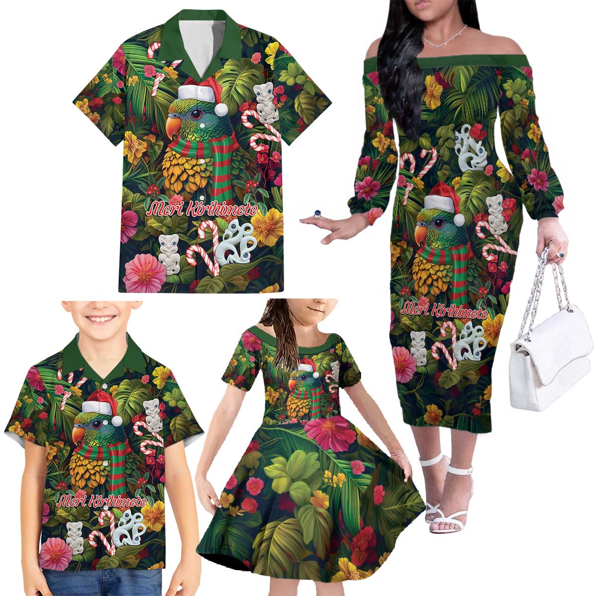 Meri Kirihimete Kakapo Santa Family Matching Off The Shoulder Long Sleeve Dress and Hawaiian Shirt Merry Christmas with Tropical Vibe LT9 - Polynesian Pride