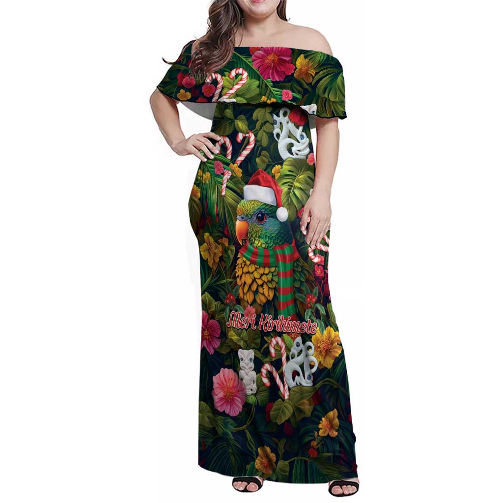 Meri Kirihimete Kakapo Santa Family Matching Off Shoulder Maxi Dress and Hawaiian Shirt Merry Christmas with Tropical Vibe LT9 Mom's Dress Green - Polynesian Pride