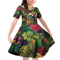 Meri Kirihimete Kakapo Santa Family Matching Off Shoulder Short Dress and Hawaiian Shirt Merry Christmas with Tropical Vibe LT9 Daughter's Dress Green - Polynesian Pride
