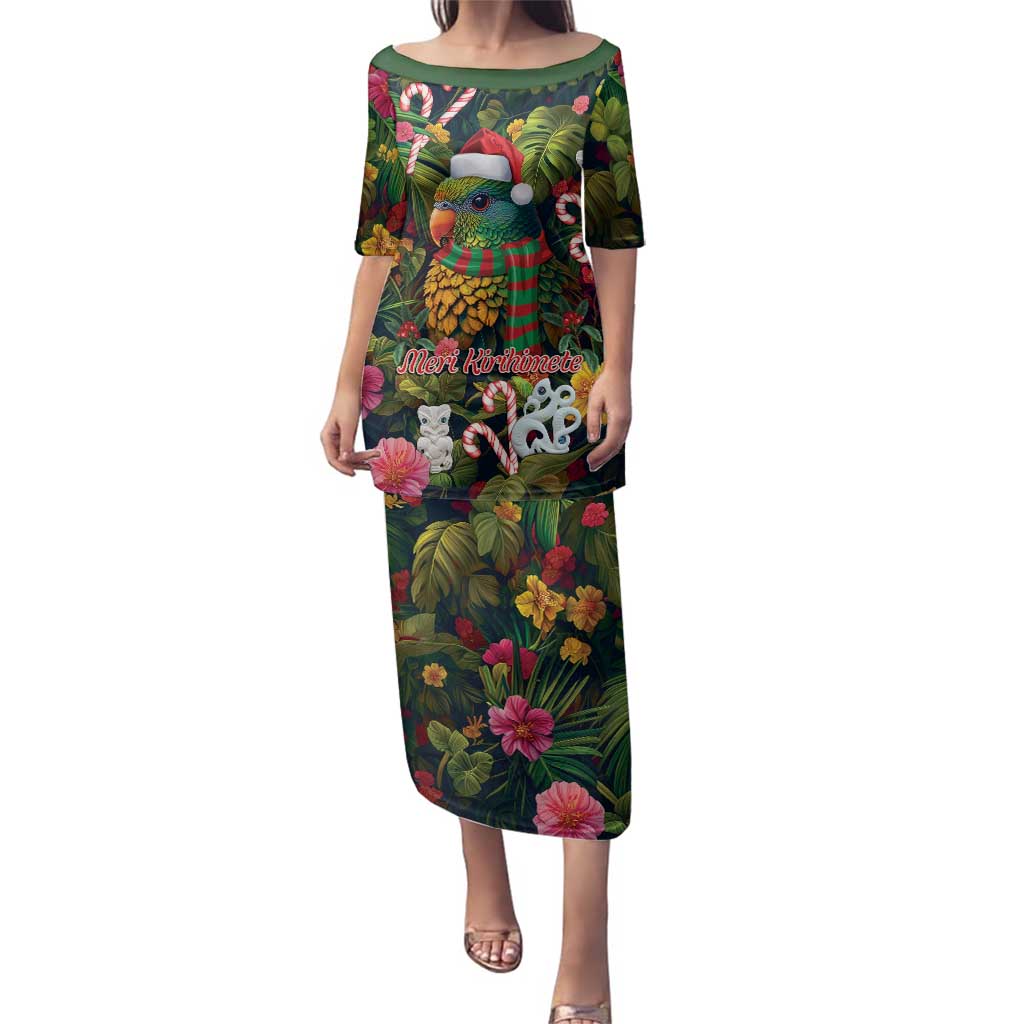 Meri Kirihimete Kakapo Santa Family Matching Puletasi and Hawaiian Shirt Merry Christmas with Tropical Vibe LT9 Mom's Dress Green - Polynesian Pride