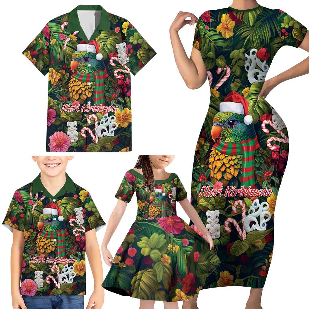 Meri Kirihimete Kakapo Santa Family Matching Short Sleeve Bodycon Dress and Hawaiian Shirt Merry Christmas with Tropical Vibe LT9 - Polynesian Pride